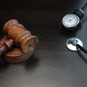 Judges Gavel And Medical Stethoscope On The Black Wood